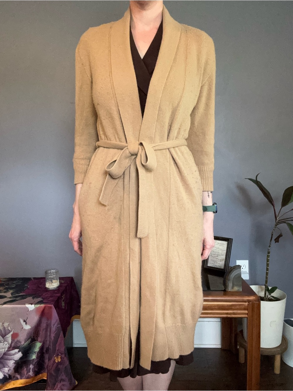 Cashmere and Wool Camel Knit Belted Long Cardigan